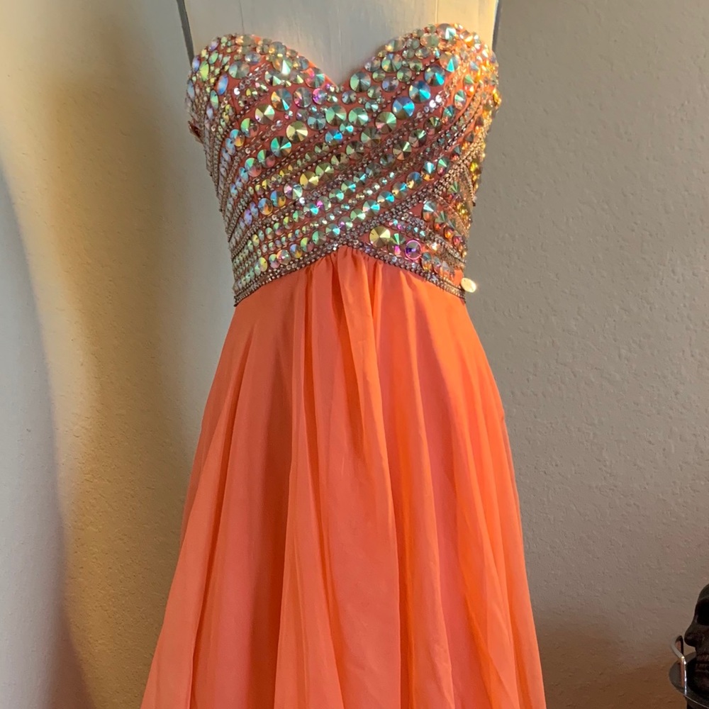Floor Length Coral Night Moves Prom Dress
